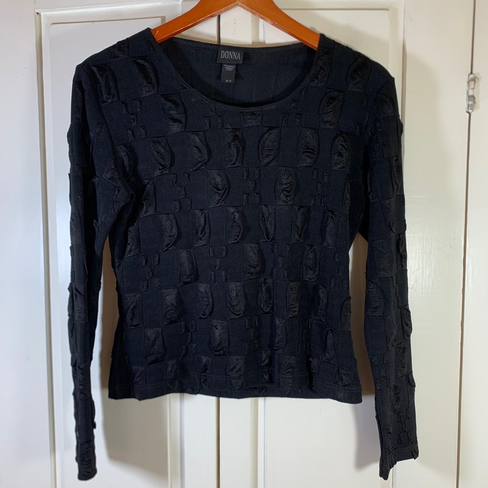 Donna Black Textured Checkerboard Sophicated‎ Top Stretch Canada Womens Medium